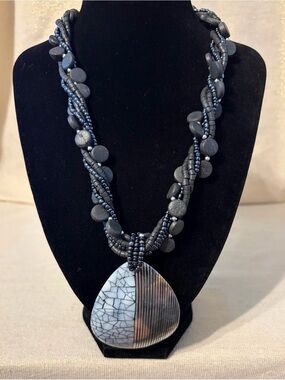 Multi-Strand Black and Gray Beaded Pendant Necklace